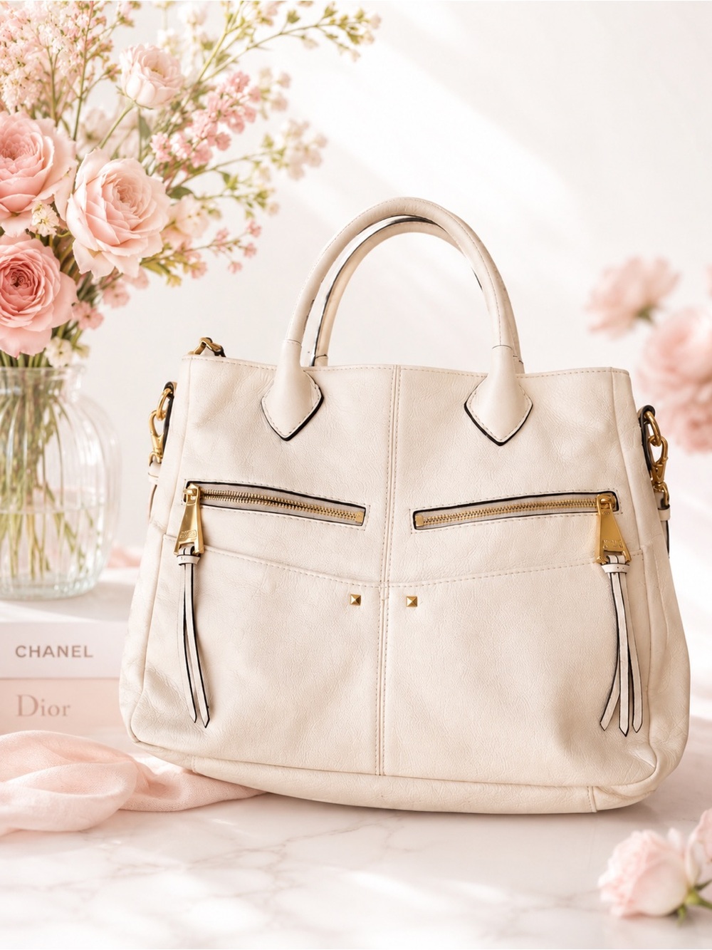 Aimee Kestenberg Cream Pebbled Leather Zip Pocket Tote Bag